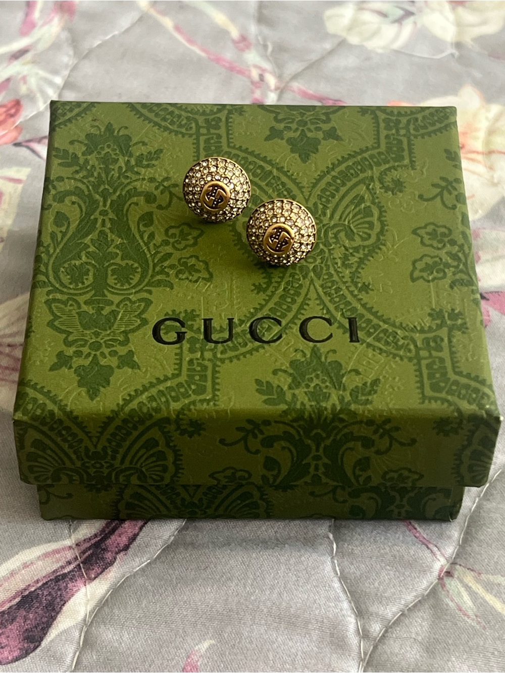 Gucci Gold Crystal Logo Dome Stud Earrings